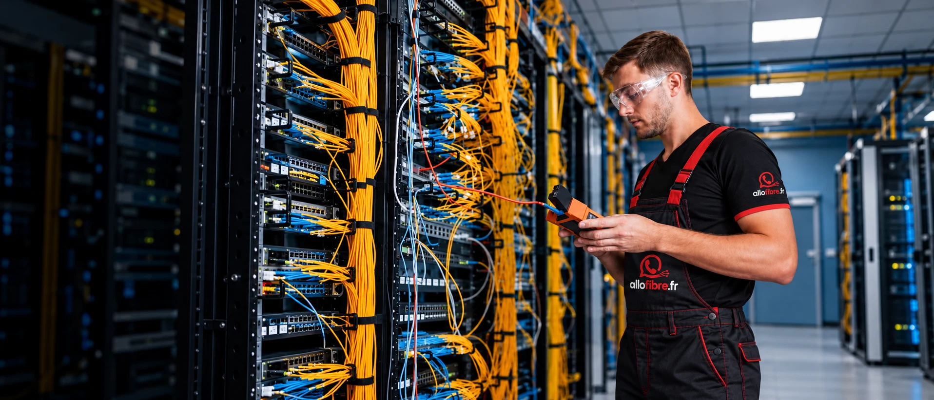 Technicien Allô Fibre en tenue noire et rouge contrôlant une liaison fibre optique en salle réseau